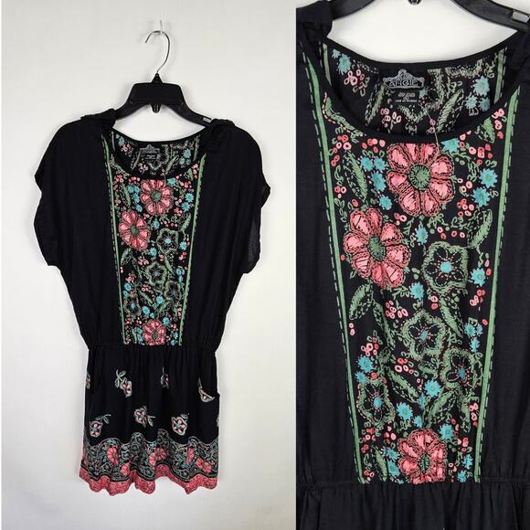 Angie Black Pink Floral BOHO Mini Dress With Pockets Size Large Dolman Sleeve - Picture 1 of 9